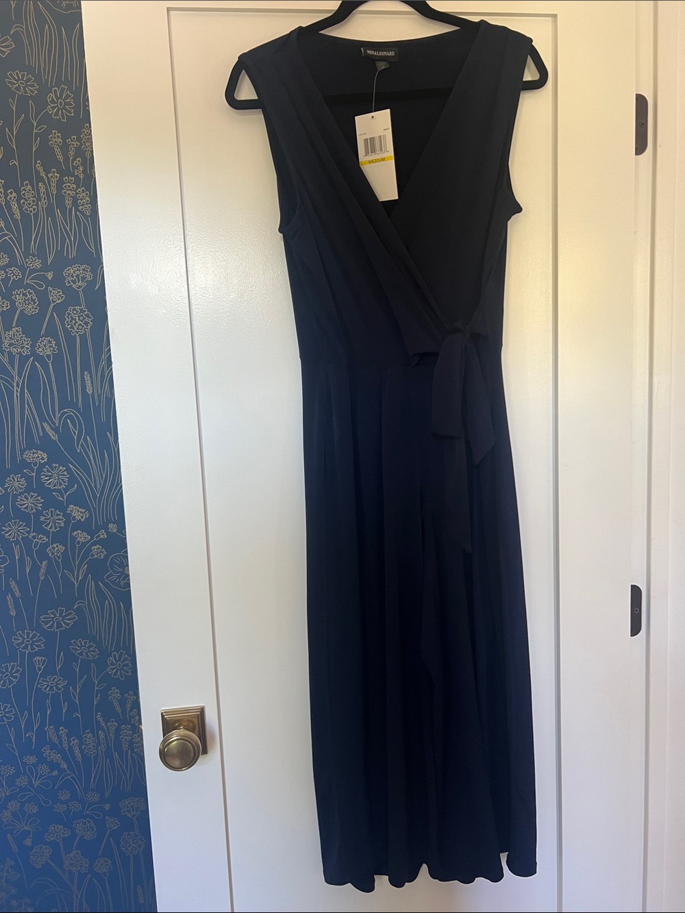 Nina Leonard Navy Sleeveless V-Neck Wrap Jumpsuit